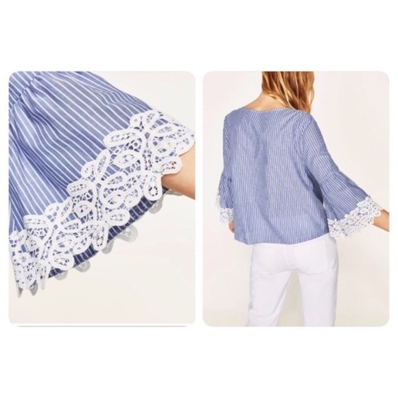 Zara Top Blouse Bell Sleeve Chambray Boho Lace Size Small Blue - Picture 2 of 8